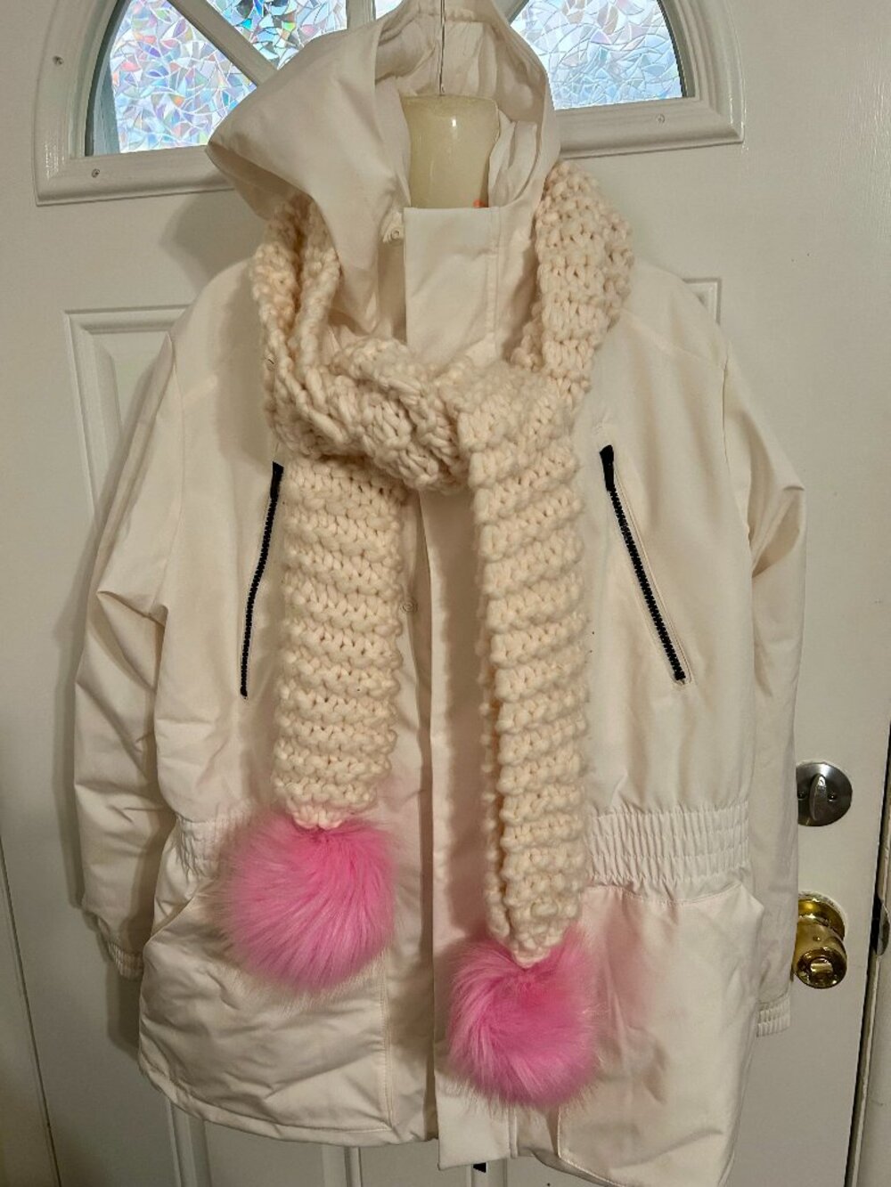 Cream and PInk Pom Pom Long Ski Scarf - New